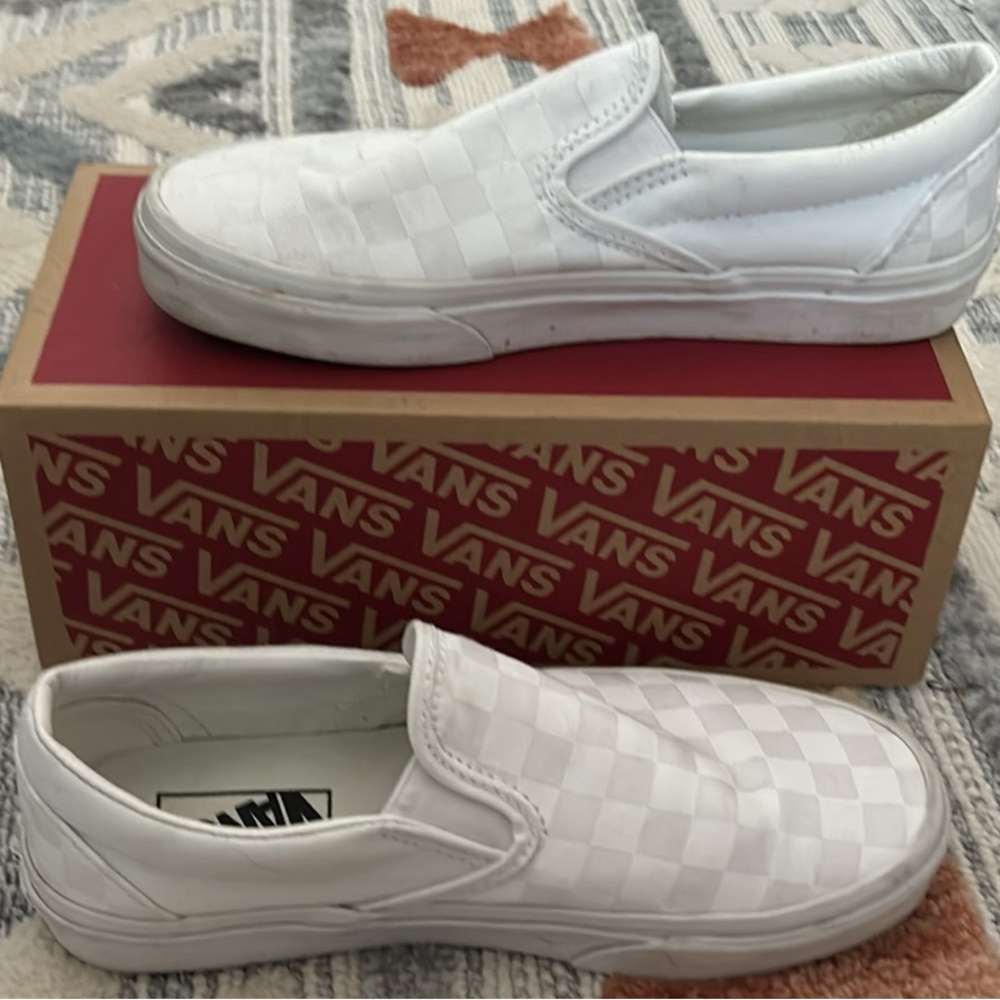 White checkered slip on Vans